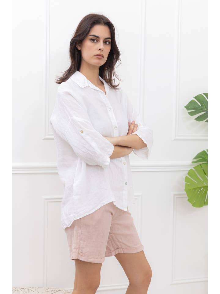 Happy look – Camisa com botões no colarinho – Mulher por atacado – Camisa folgada de linho com mangas dobráveis13