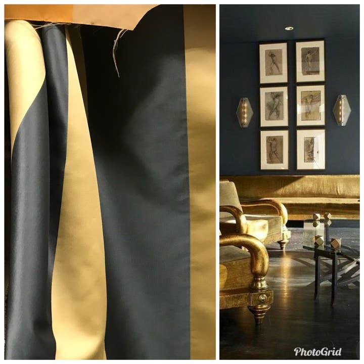 60” Wide- Designer Satin Drapery Fabric - 6” Gold And Charcoal Gray Stripes for wholesale by Fancy Styles Fabric