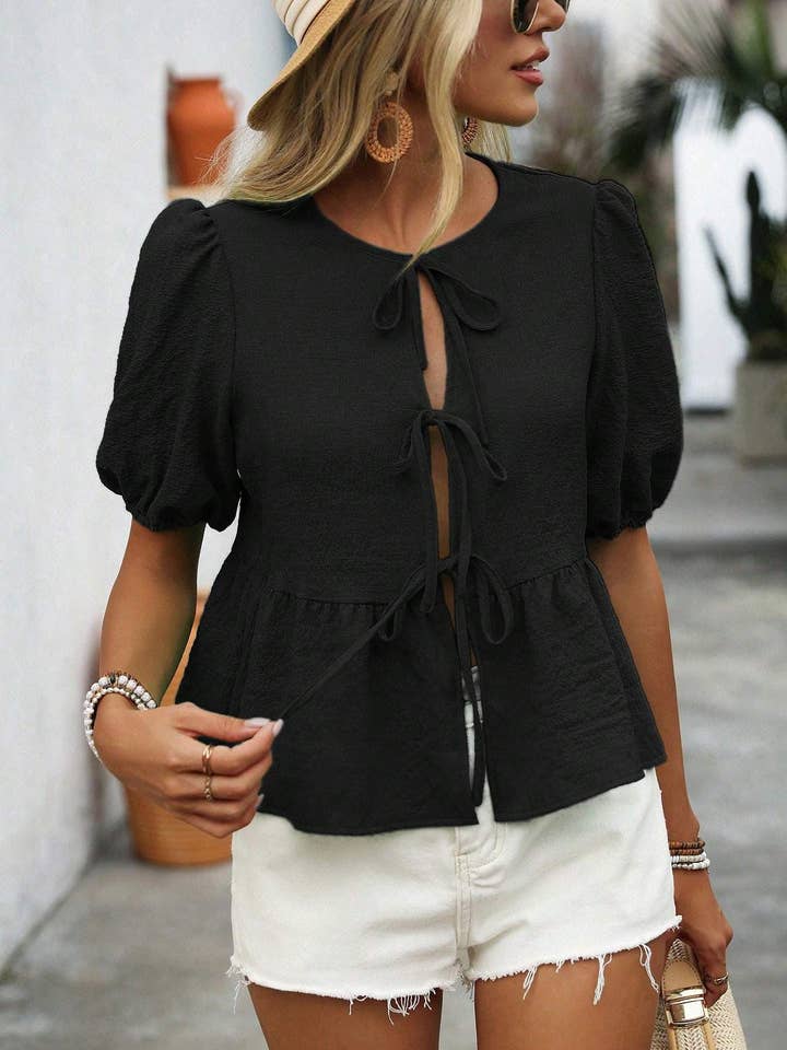 Flarix - Wholesale Blouse – Women’s - sleeve shirt with tie and puff sleeves summer16