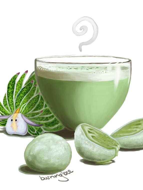 Green Tea Latte, Mochi Ice Cream, & A Leafy Sheep Sea Slug for wholesale by Burning Bee Illustration