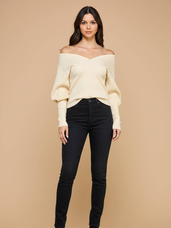 Camisola de Ombros Descobertos com Mangas Compridas em Balão por atacado de RUBIENN