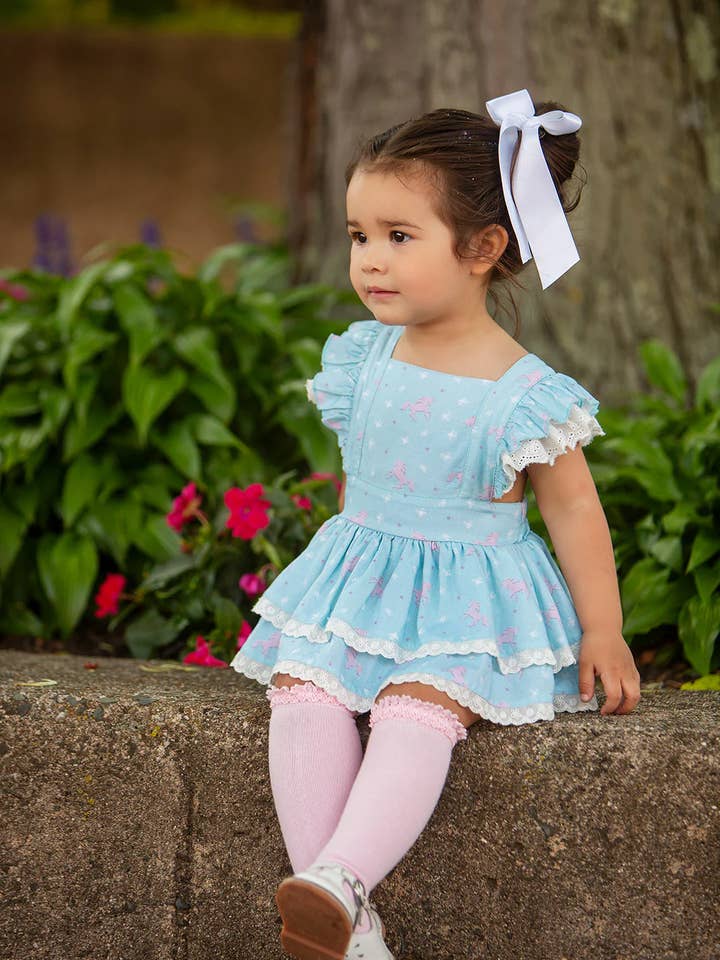 Girls Cotton Candy Unicorn Skirted Romper for wholesale by Always In Bloom Clothing Co