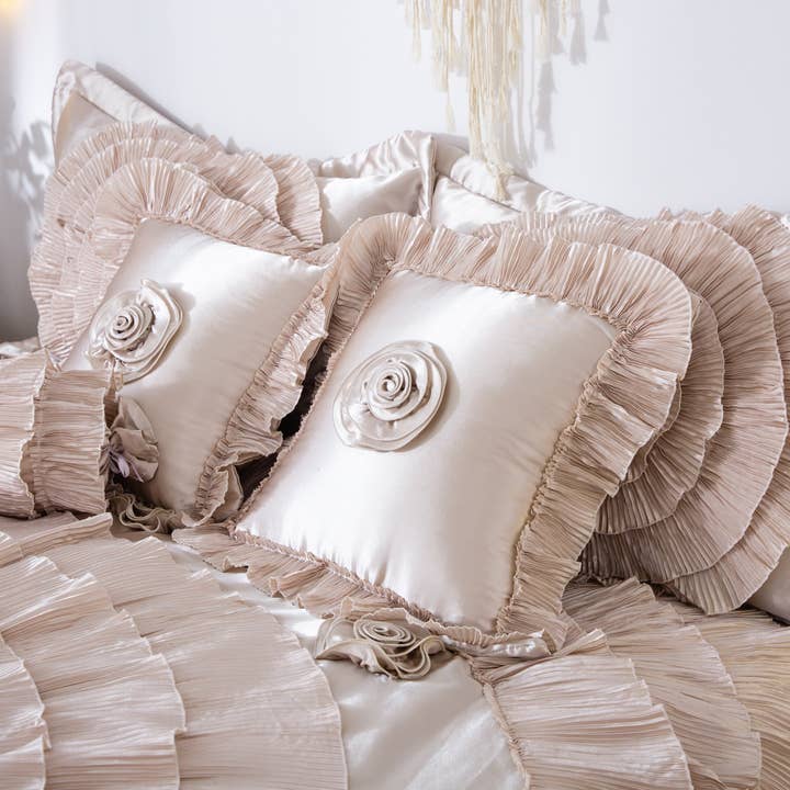 Tache Home Fashion - Wholesale Bedding Set - Tache Satin Ruffle Luxury Floral Champagne Beige Frosted Field Comforter Set (MZ1051)5