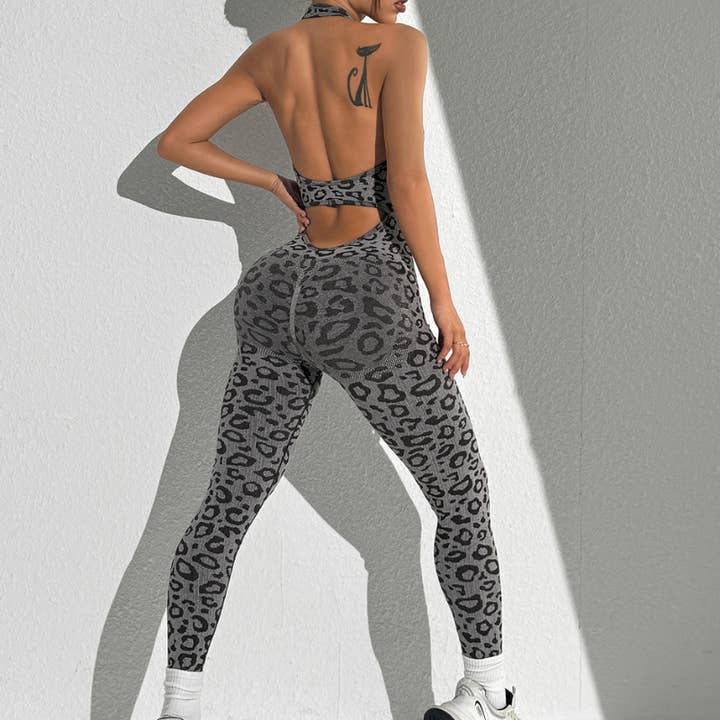 Brown Women's seamless leopard print halter jumpsuit for wholesale on Faire1