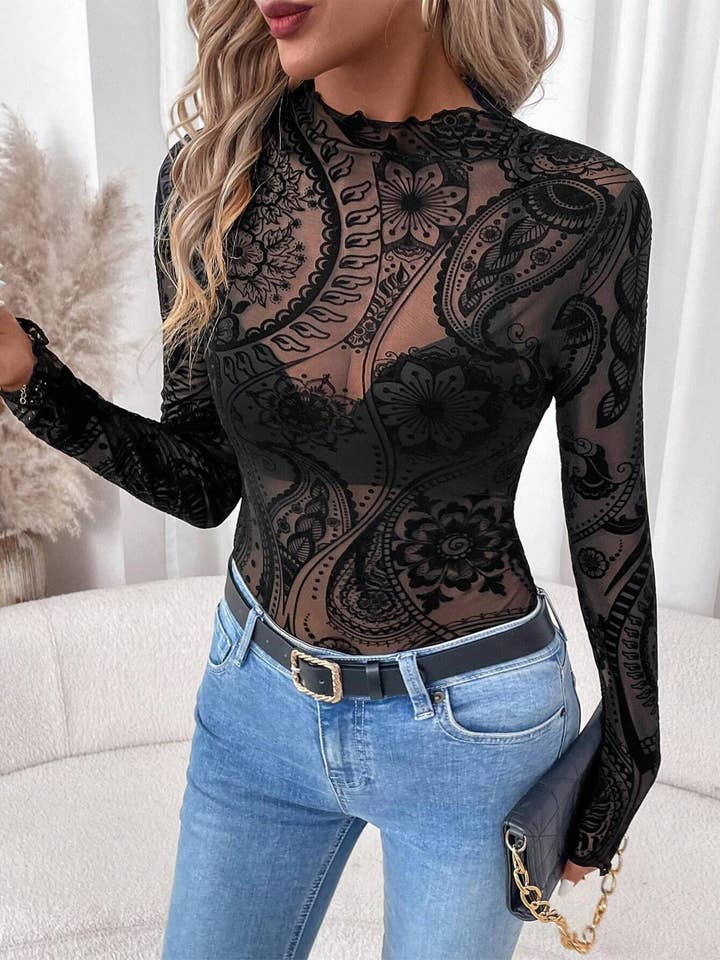 Black Fleece Printed Mesh Long Sleeved Top for wholesale on Faire