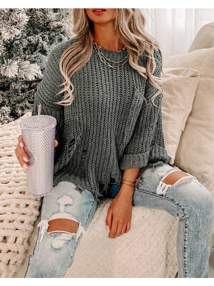 Gray Distressed Pocketed Chunky Pullover Sweater for wholesale on Faire