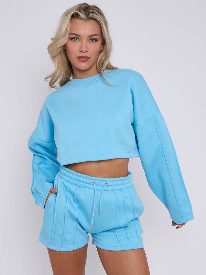 AX Labels - Wholesale Lounge Set - Women's - Seam Detail Oversized Crop Top & Shorts Fleece Co-ord54