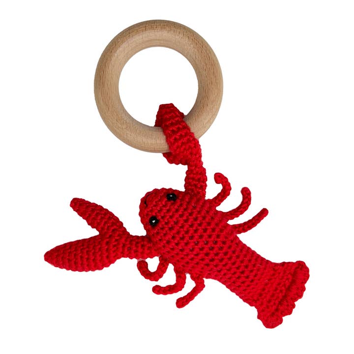 Lobster Bamboo Crochet Woodring Rattle for wholesale by Petit Ami & Zubels