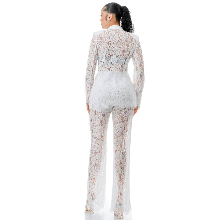 DORCAS - Vente Ensemble haut et pantalon (PAS d'intérieur) - Femme - Ensemble Veste en Dentelle à Manches Longues et Pantalon en Dentelle