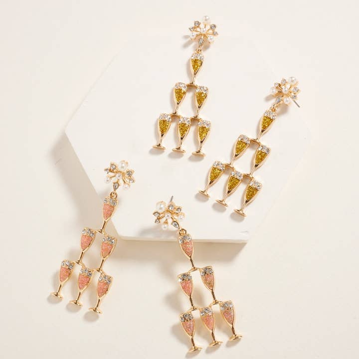 Designature New York - Wholesale Dangle Earrings - Champagne Glass Tower Glitter Party Post Earrings