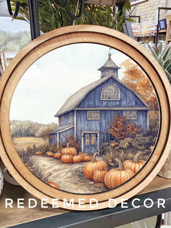 8" Round Blue Fall Barn Art for wholesale by Redeemed Decor