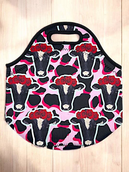 Floral Cow Head Print Insulated Lunch Bag for wholesale by Andrea Bijoux
