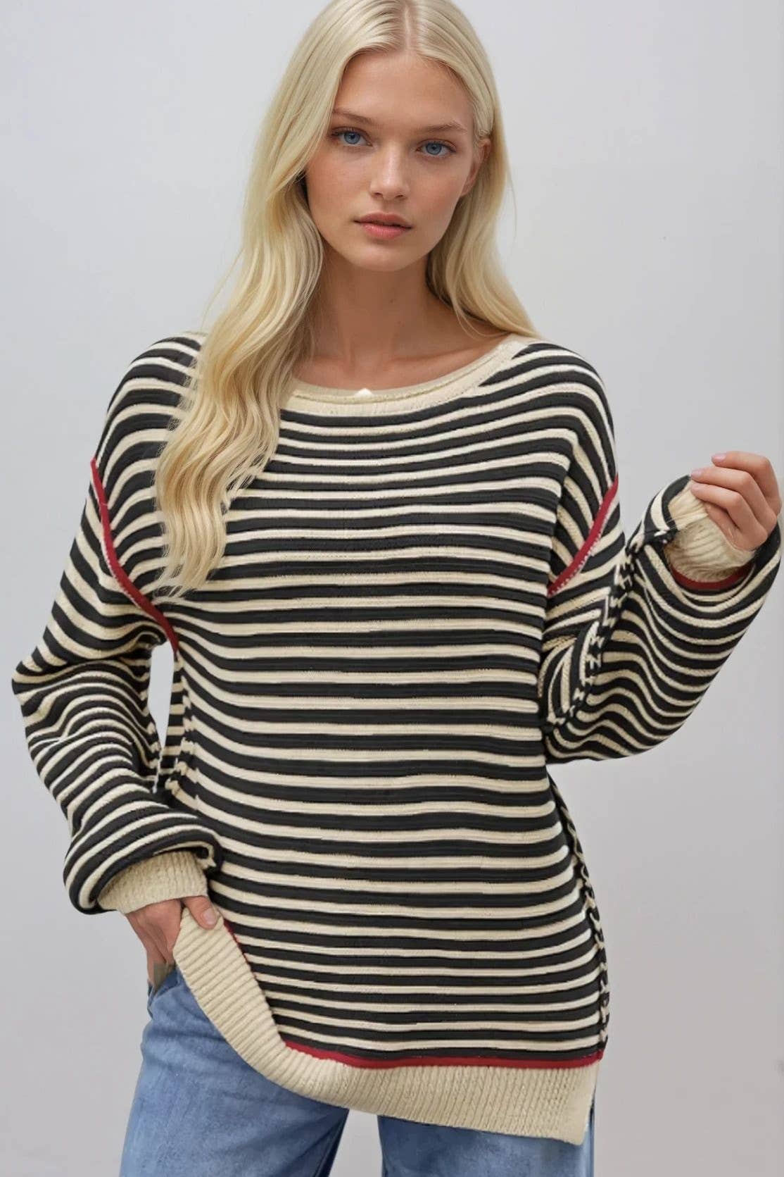 WISTERIA LANE - Wholesale Knit Sweater - Women's - STRIPED TEXTURED BOATNECK PULLOVER SWEATER W1582TIA4