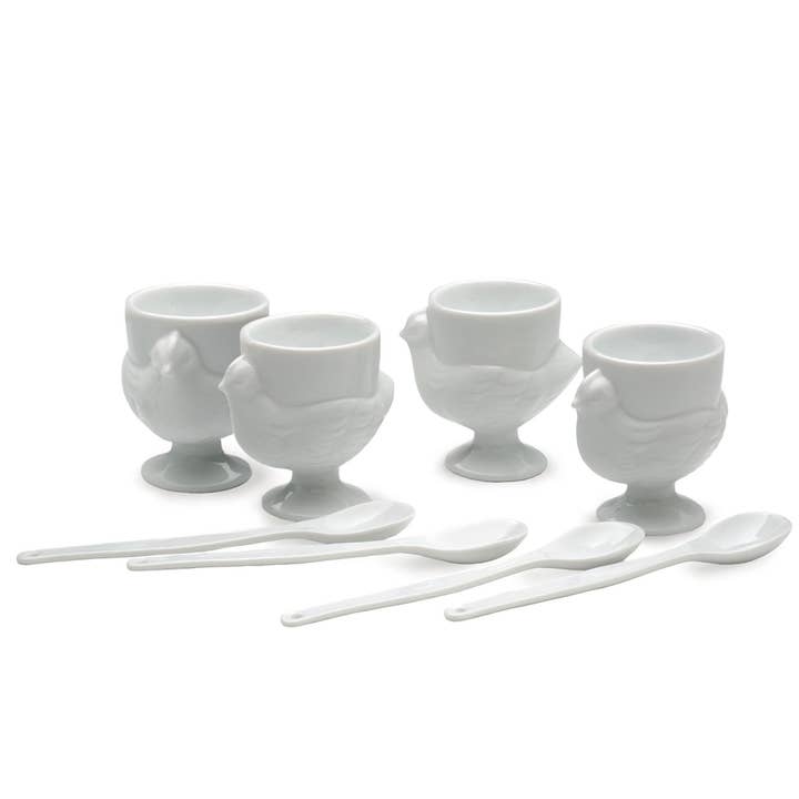 RSVP International - Wholesale Egg Cup/Holder - Porcelain Egg Cups & Spoons - Set Of 8 (4C + 4Sp)