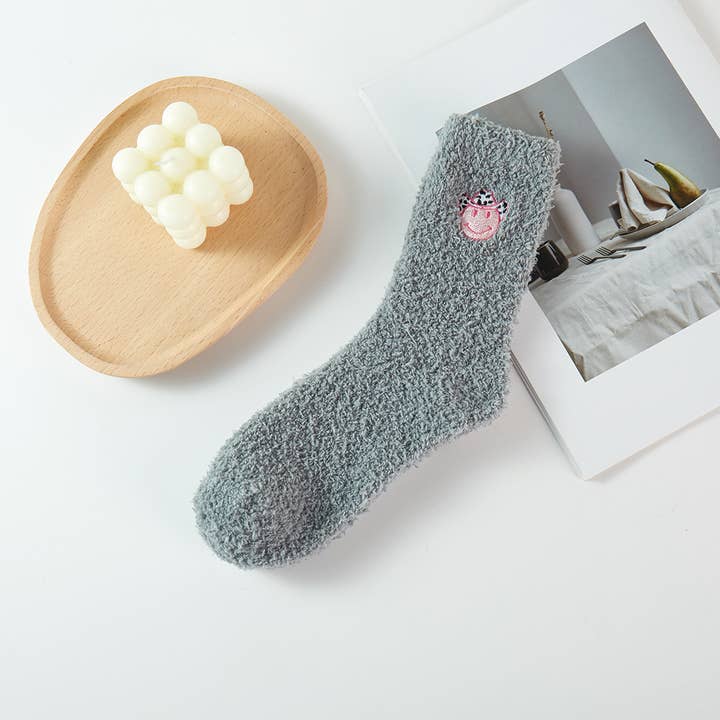 ASSORTED COLORS Happy Face w Cowboy Hat Fuzzy Winter Socks for wholesale on Faire4