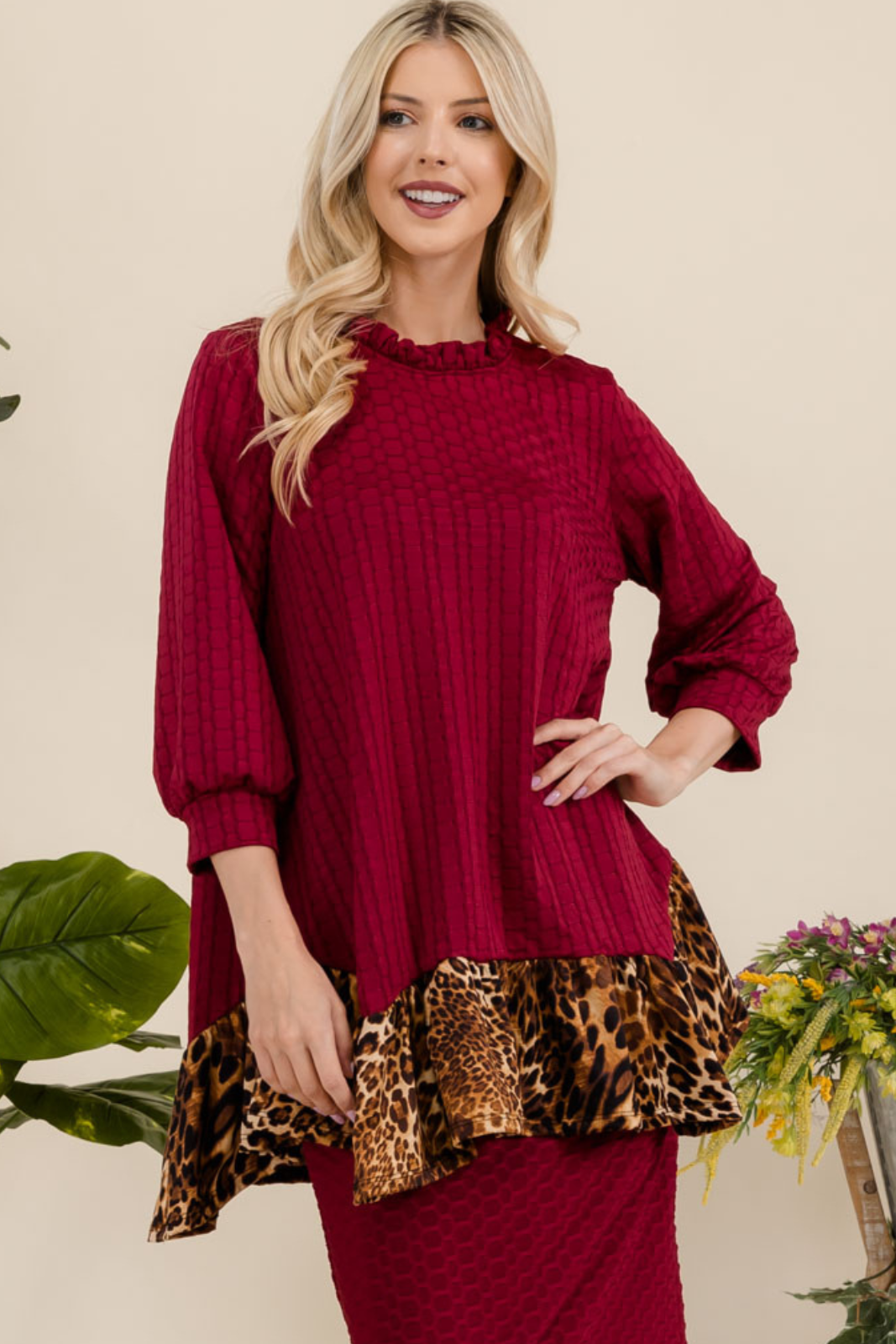 Celeste Clothing - Wholesale Tunic - Women's - HONEYCOMB TUNIC WITH ANIMAL PRINT HEMLINE -MT43916
5