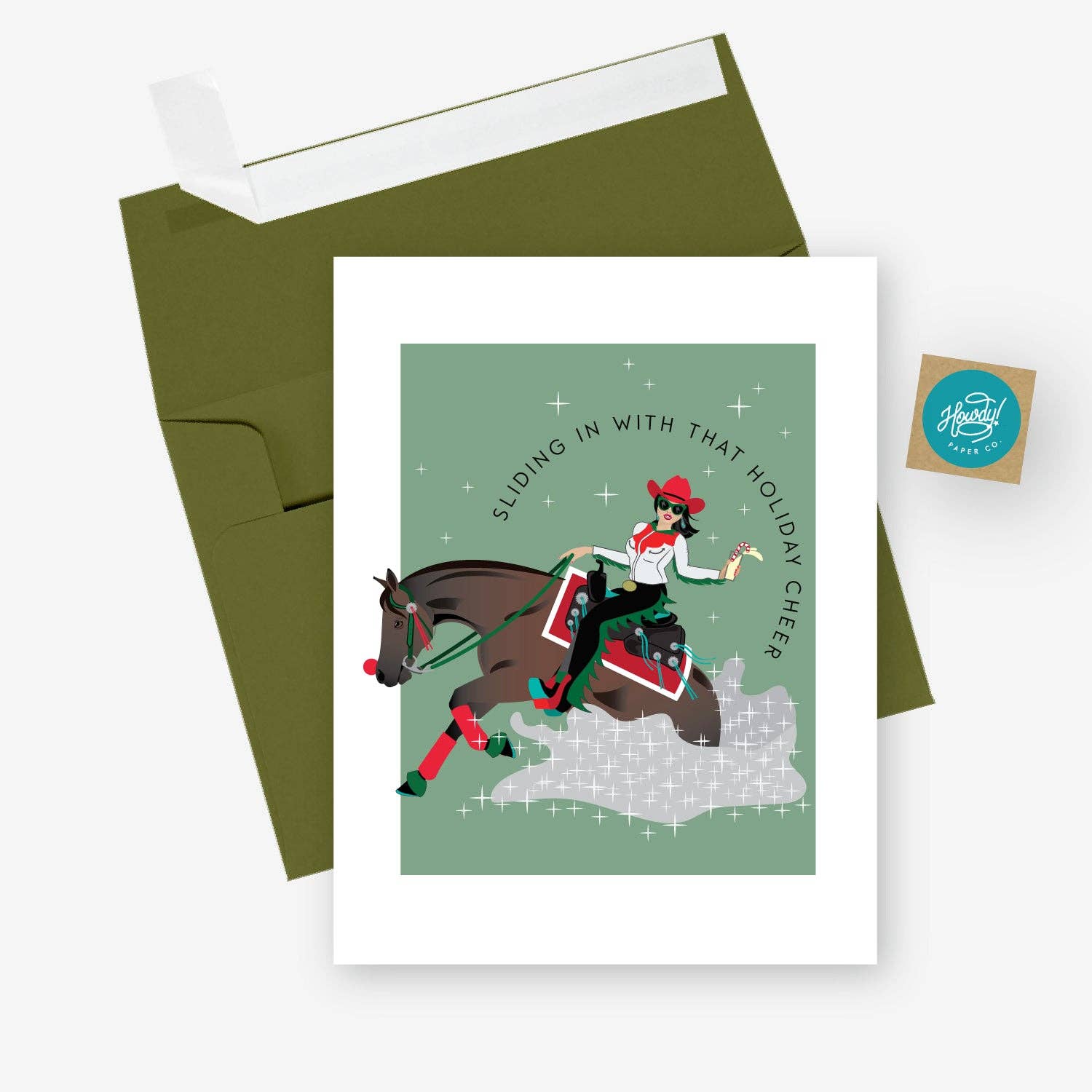 Hunt Seat Paper Co. - Wholesale Christmas Card - Sliding In Holiday Card - Reining Horse Cowgirl Christmas1