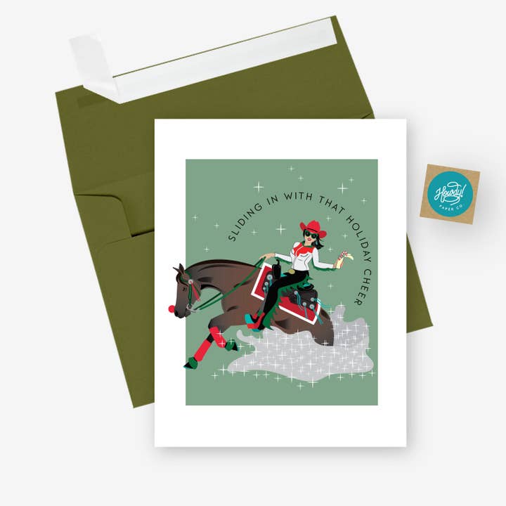 Hunt Seat Paper Co. - Wholesale Christmas Card - Sliding In Holiday Card - Reining Horse Cowgirl Christmas1
