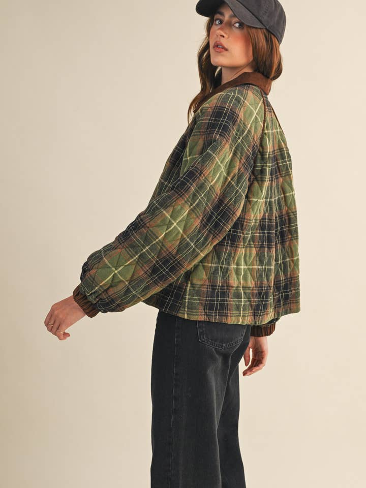 &MERCI - Wholesale Jacket - Women's - PLAID QUILTED JACKET WITH CONTRAST CORDUROY DETAIL MJK411516