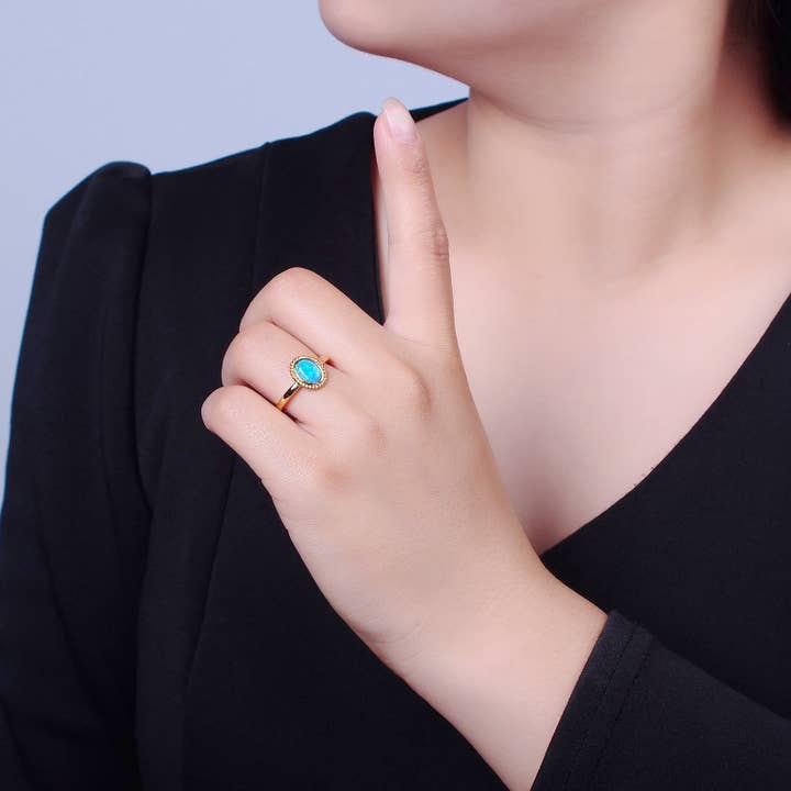 Aim Eternal - Wholesale Single Stone/Solitaire Ring - Ocean Blue Opal Gold Vintage Style Ring V-462 V-463