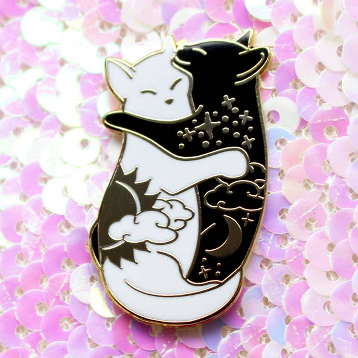 Day and Night Hugging Cats Enamel Pin for wholesale by Glitter Punk