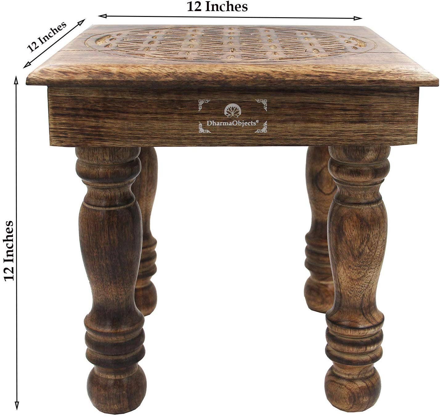 Lungta Imports - Wholesale Side Table - Solid Mango Wood Hand Carved Puja Shrine Altar Meditation Table Flower of Life4