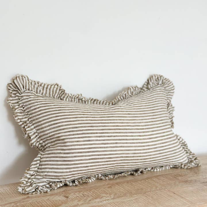 Ellenvale Trade – wholesale Throw pillow cover – Hallie Ruffled Linen Cushion Cover 50x30 – Olive Stripe1