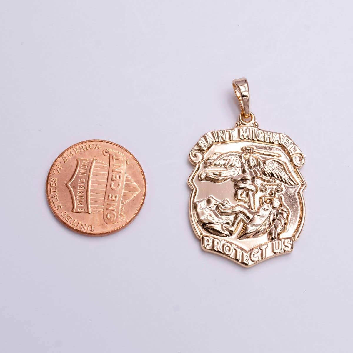 Aim Eternal - Wholesale Individual Charm/Pendant - Saint Michael Protect Us Prayer Engraved Double Sided Rosey Gold Medallion Pendant | AA3963