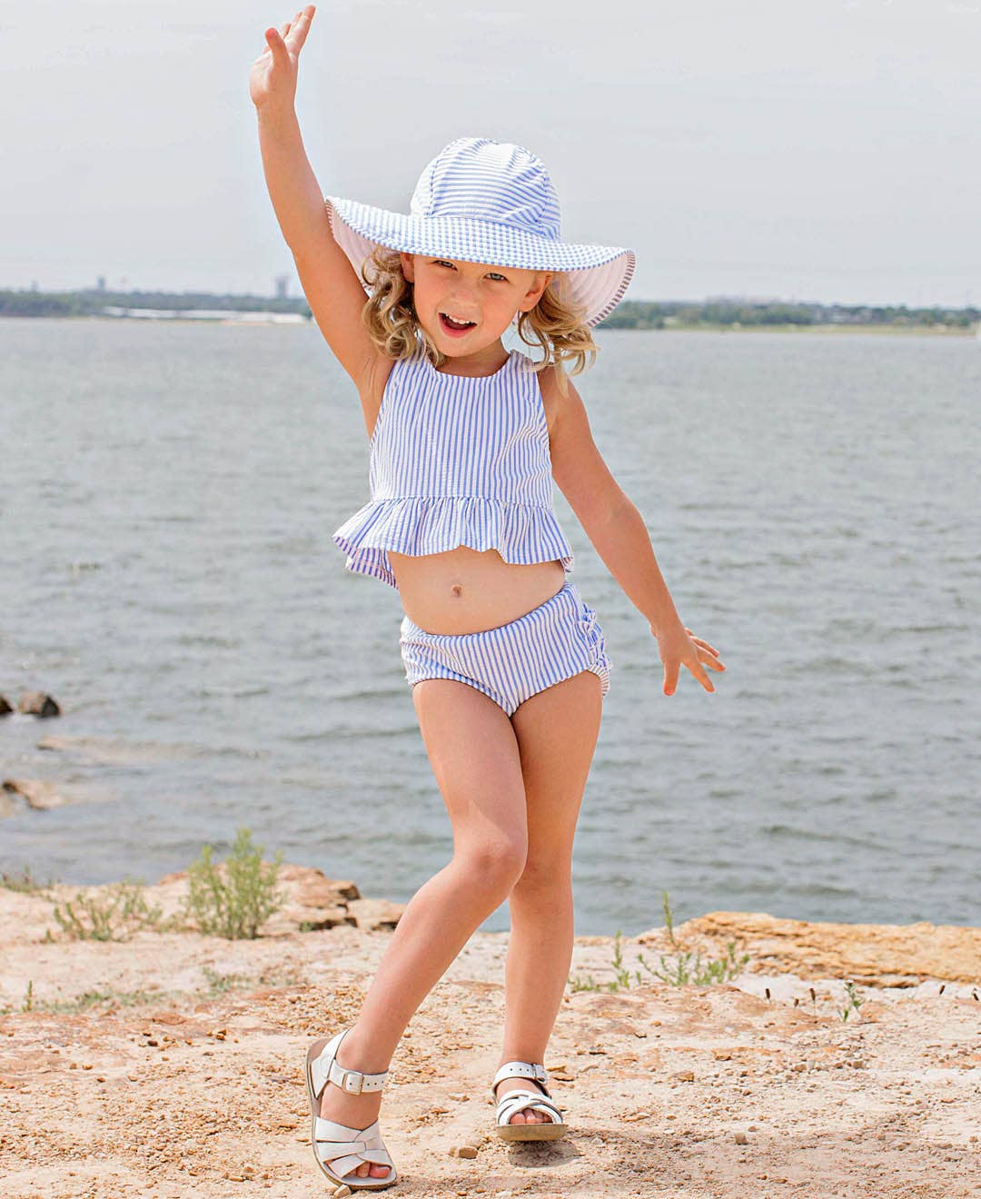RuffleButts + RuggedButts – wholesale Two-piece swimsuit – Kids – Girls Periwinkle Blue Seersucker Peplum Tankini 2-Piece Swimsuit with Signature Rear Ruffles7