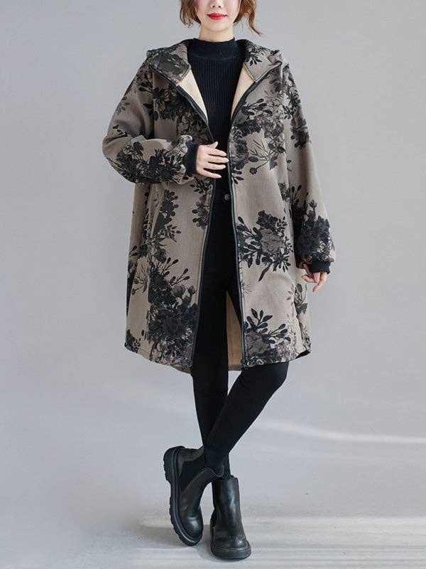 SAME AS PICTURE Artistic Retro Loose Floral Printed Hooded Long Sleeves Outwear for wholesale on Faire5