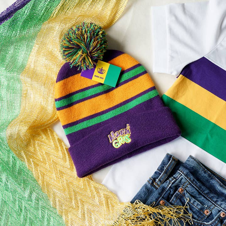 ONE COLOR .SI-23925 Mardi Gras PomPom Embroidered Beanie for wholesale on Faire