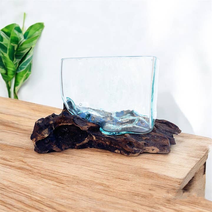 OMA - Eclectic Home - Wholesale Vase - Blown Glass On Teak Wood Vase Planter Rectangle Modern Style
