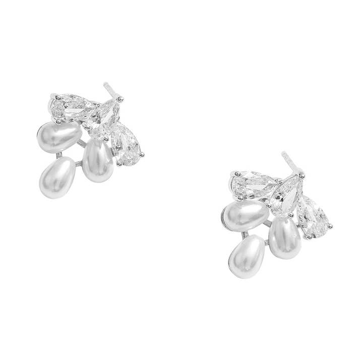 Sensibling Corp. - Wholesale Stud/Post Earrings - 14K Gold Dipped Teardrop CZ Stone Pearl Cluster Stud Earrings3