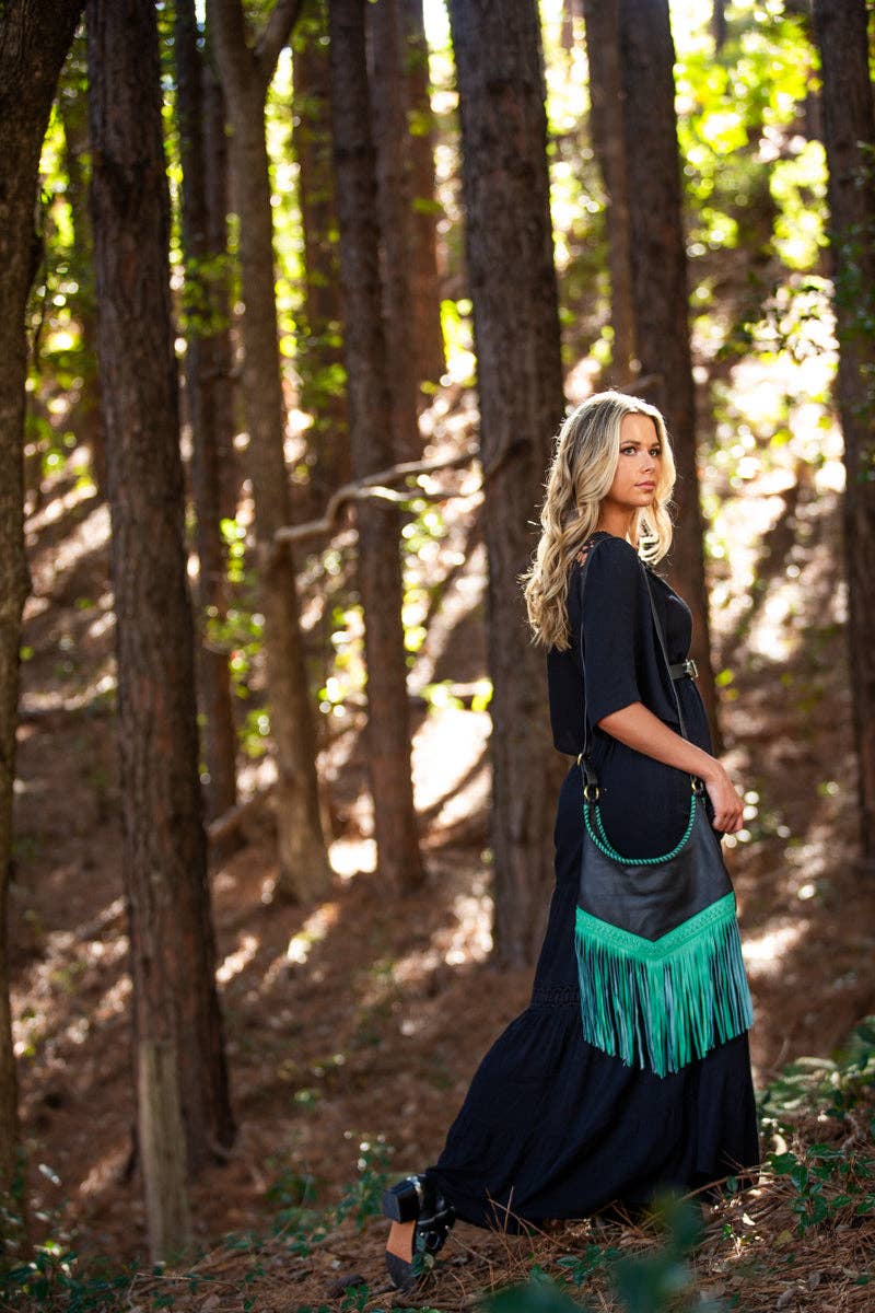 Native hearts - Wholesale Crossbody bag – Women's - Western Leather Bags with Tassels - Green and Black2