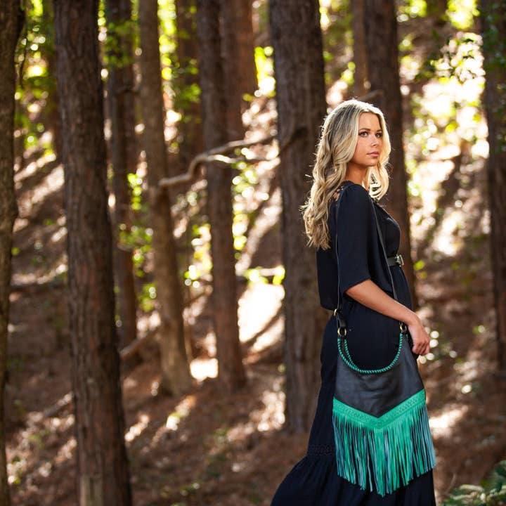 Native hearts - Wholesale Crossbody Bag - Women's - Western Leather Bags with Tassels - Green and Black2