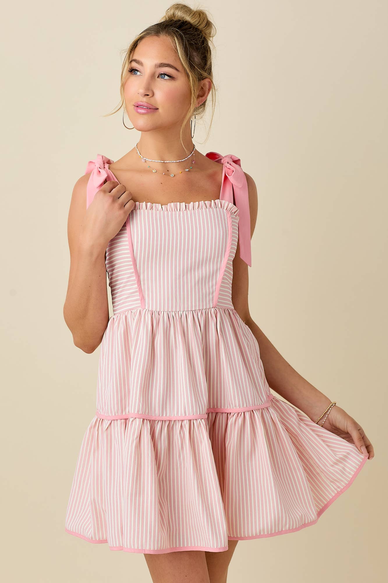 WHITE PINK Stripe mini dress with ribbon shoulder strap for wholesale on Faire12