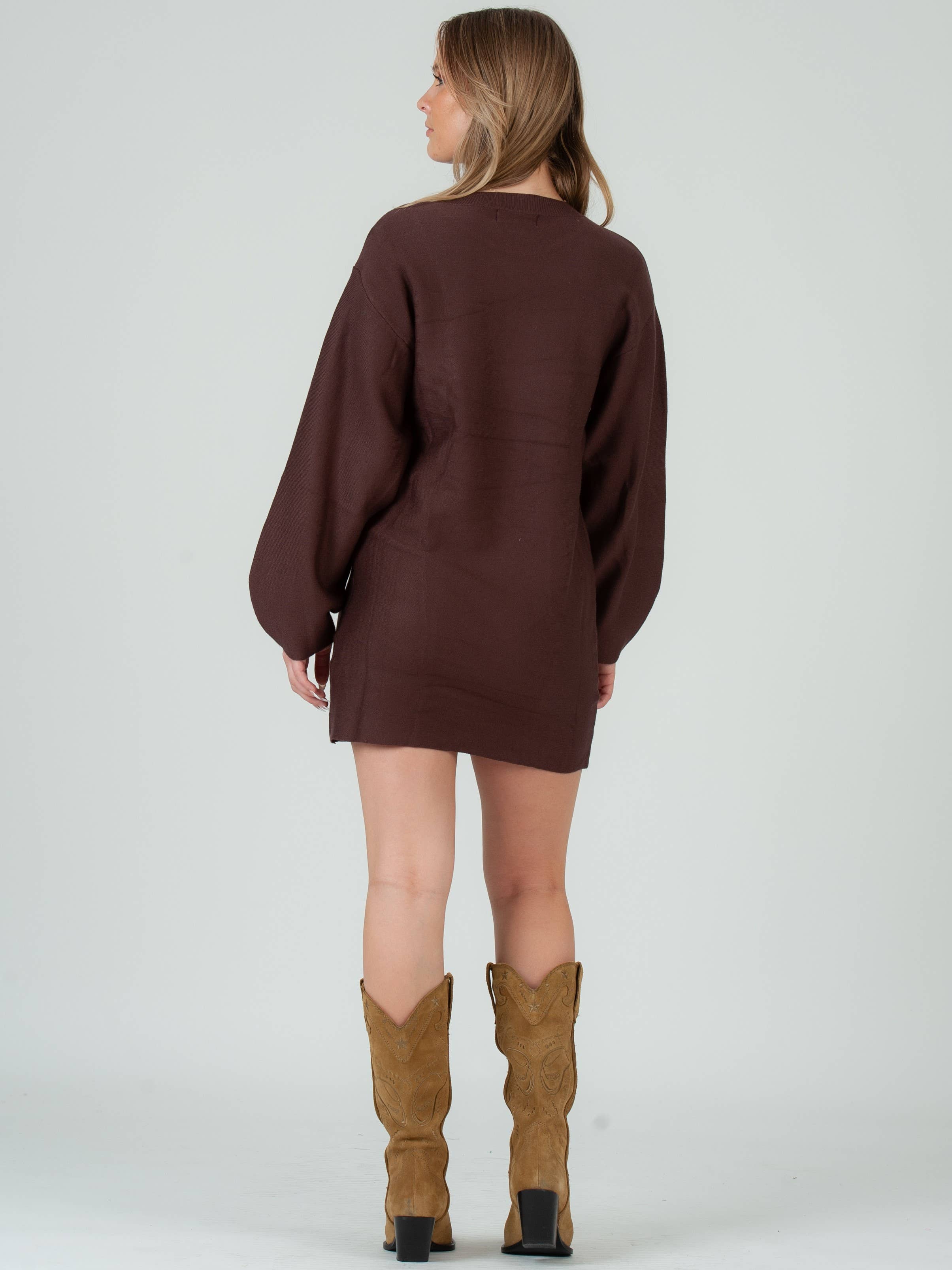 Lucca Couture - Wholesale Dress - Women's - Fall Winter Holiday balloon sleeve sweater brown mini dress2