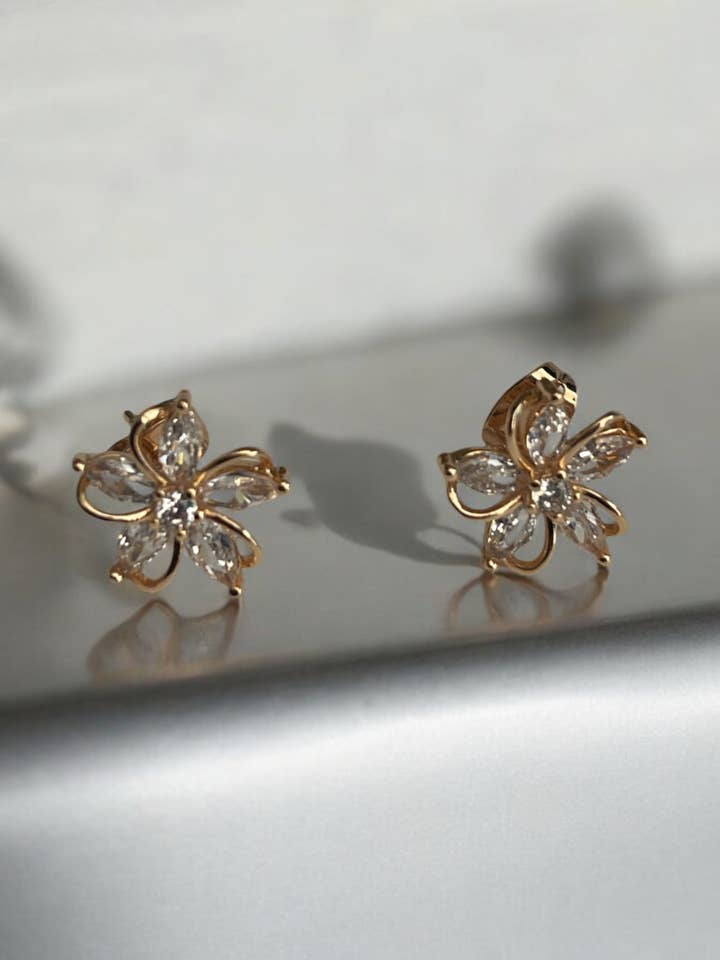 Flower Theme CZ 18k Gold Electroplated Post Back Earrings for wholesale by Divina Jewelry & Accessories LLC