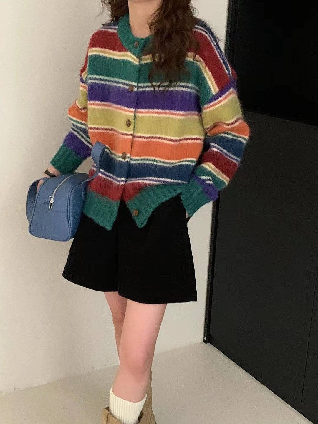 Marayn - Wholesale Cardigan - Women's - Retro Rainbow Stripe Knit Cardigan Cozy  Chic11