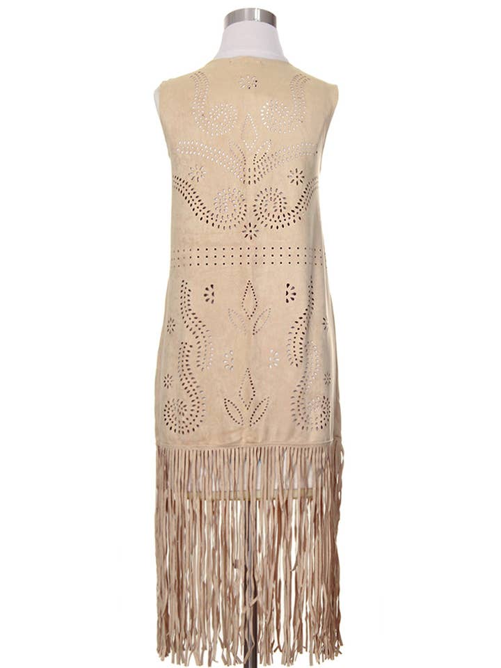 Hana - Venta al por mayor Chaleco de abrigo - Mujer - Chaleco de gamuza cortado con láser con estampado de hojas geométricas14