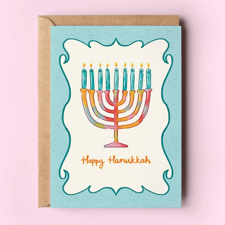 Carte de vœux Menorah Arc-en-ciel Joyeux Hanukkah pour la vente par The Shelley Society