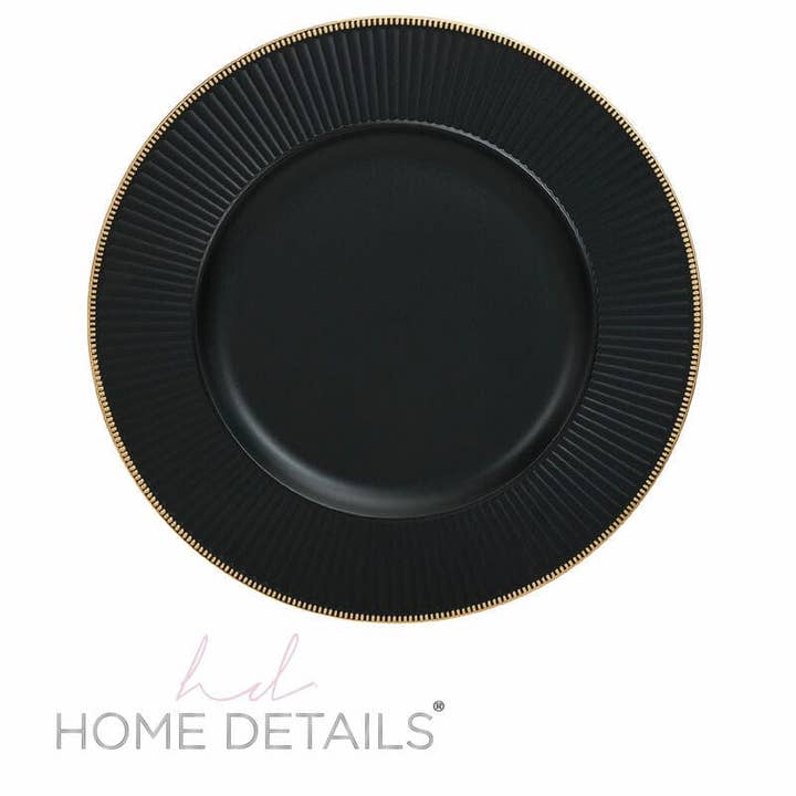 Luxe Party - Wholesale Charger Plate - 13" Black with Gold Trim Ribbed Round Plastic Charger Plate | 1 Charger