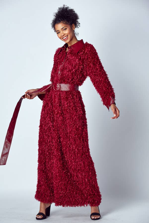 QMP Moda - Wholesale Jacket - Women's - FAUX OSTRICH FUR MAXI JACKET WITH BELT  2