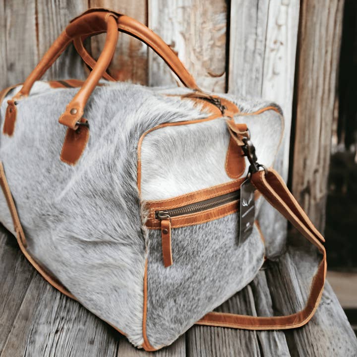 Ranch Junkie - Wholesale Weekender Bag - Women's - Limited Edition Grey/White Brazilian Genuine Cowhide Duffel6