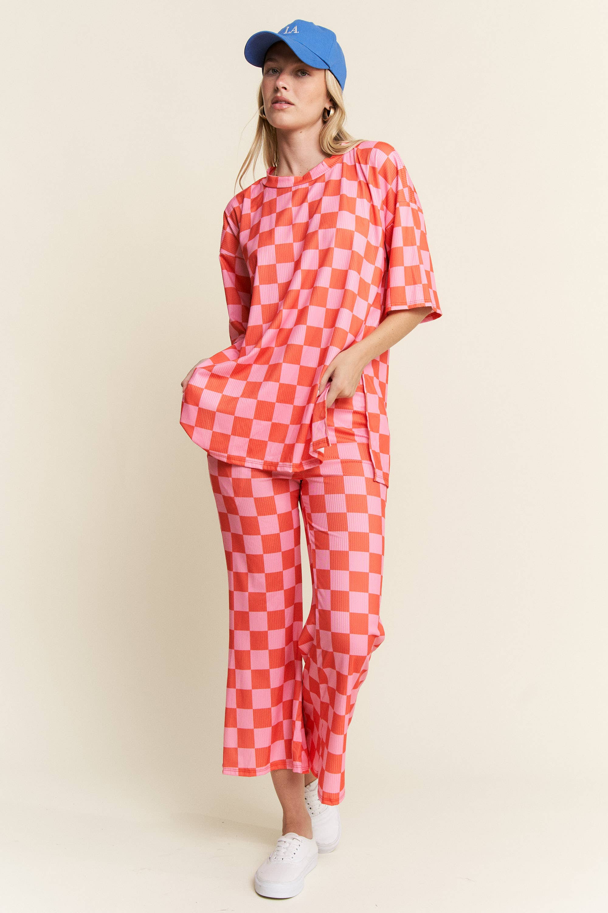 JADE BY JANE - Wholesale Lounge Set - Women's - RIBBED CHECKERED PRINT TOP/STRAIGHT LEG PANTS SET14