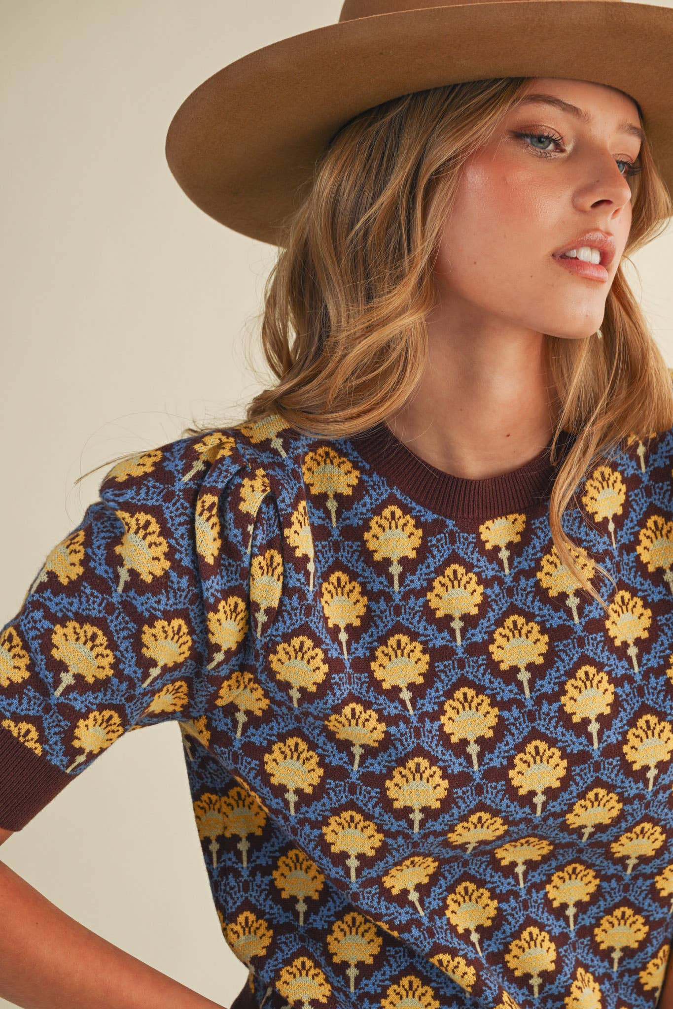 &MERCI - Wholesale Knit Sweater - Women's - FLORAL PATTERN SHORT SLEEVE SWEATER MSW108606