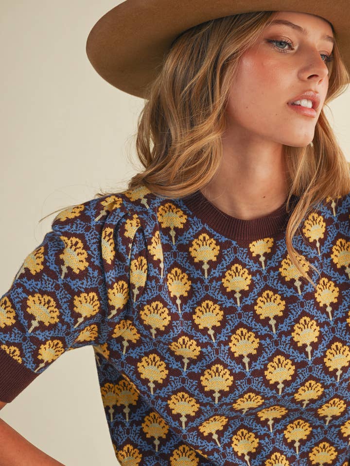 &MERCI - Wholesale Knit Sweater - Women's - FLORAL PATTERN SHORT SLEEVE SWEATER MSW108606