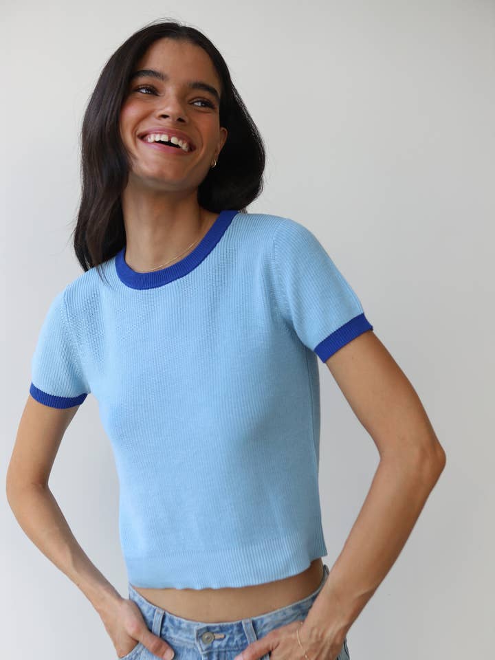 The Ringer Knit Tee - Capri Blue for wholesale by Callahan Knitwear