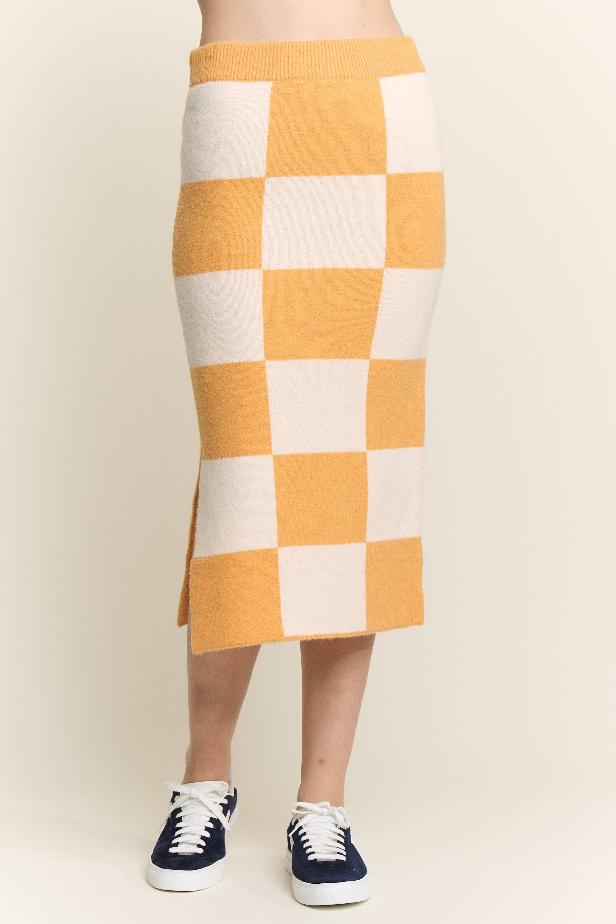 JADE BY JANE - Wholesale Skirt - Women's - BIG CHECKERED PAST KNIT PENCIL MIDI SKIRT W/ SIDE SLIT21