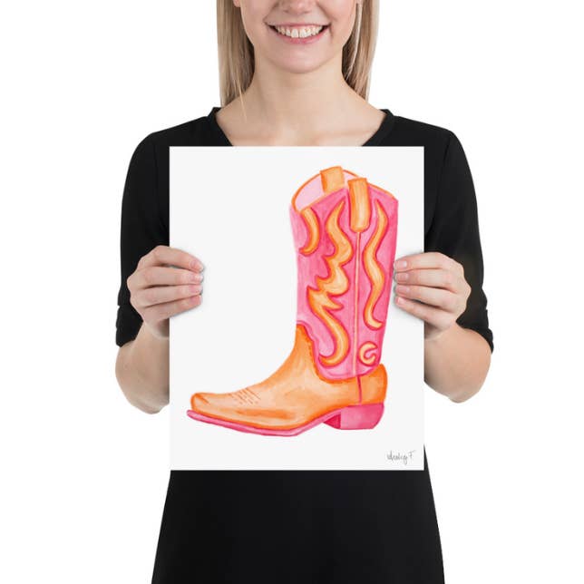 Shop Art by Audrey - Wholesale Art Print - Print Watercolor Hot Pink & Orange Cowboy Boot